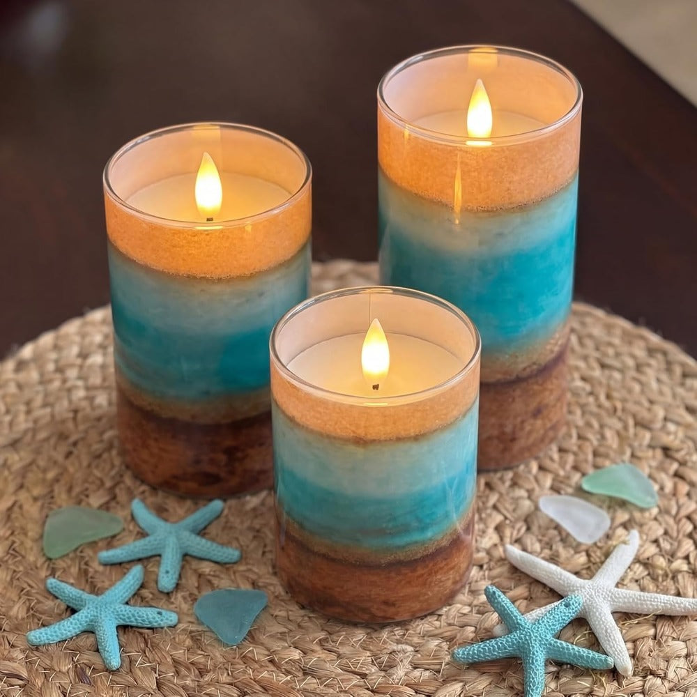 3pcs Summer Ocean Flameless Candles, Teal Beach LED Pillar Candles, Battery Operated with Remote, Coastal Nautical Flickering Holiday Decorations & Gifts