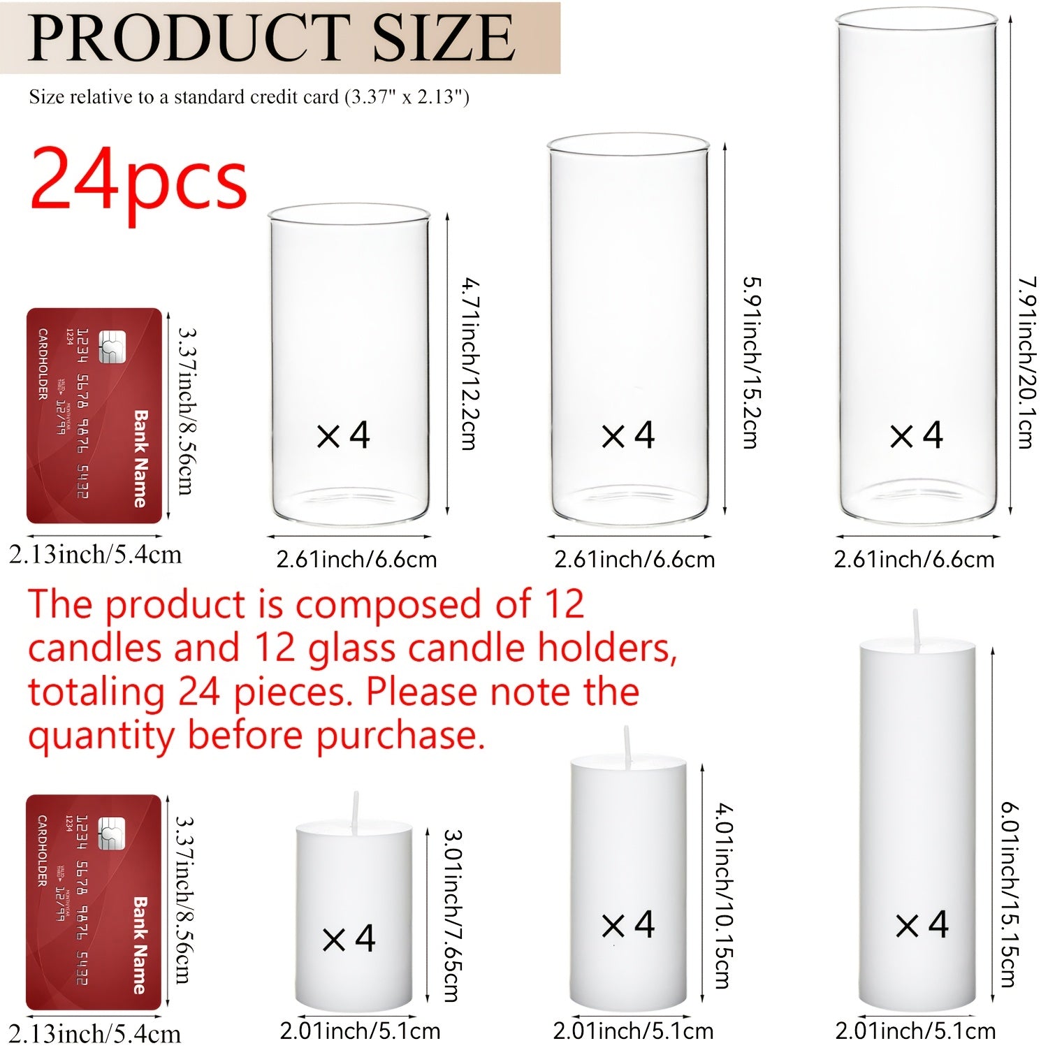 White Pillar Candles with Clear Glass Hurricane Holders- Elegant Cylinder Candle Vases for Weddings, Parties, Centerpieces, Home & Office Decor