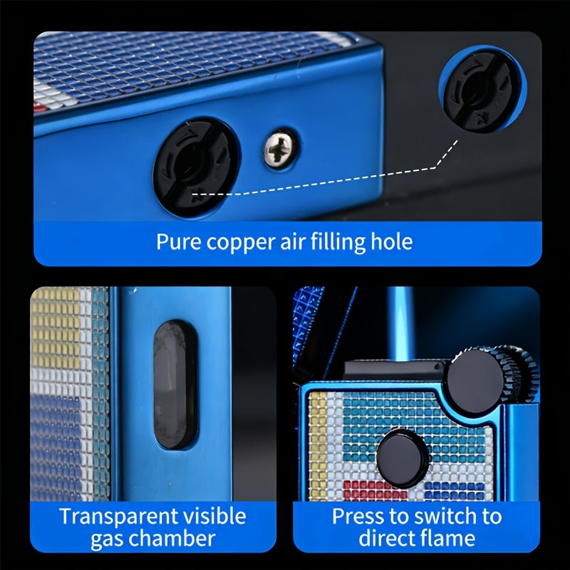 Dual-flame Lighter, Wheel Ignition, Press-to-use Jet Flame, Transparent Gas Tank, Gift Box Packaging, Available In Multiple Colors. Ideal As A Gift for Fathers And Boyfriends (without Gas Included)